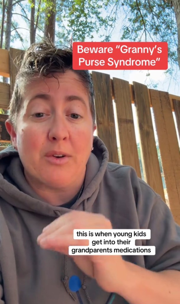 A pediatrician sitting outside with a wooden fence, warning of the dangers of "granny bag syndrome" where children can accidentally ingest their grandparents' unsafe medicines.